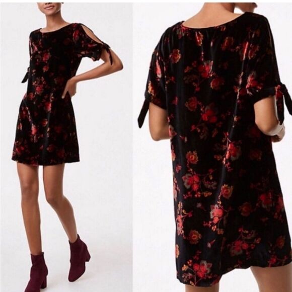 LOFT Velvet Dress Floral Print Split Sleeve Shift Dress Medium - Picture 1 of 7